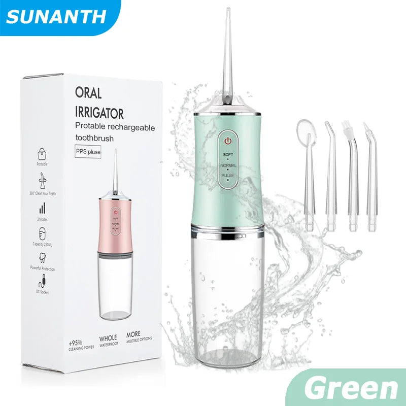 A portable rechargeable oral irrigator device in mint green and silver is shown next to its packaging.
