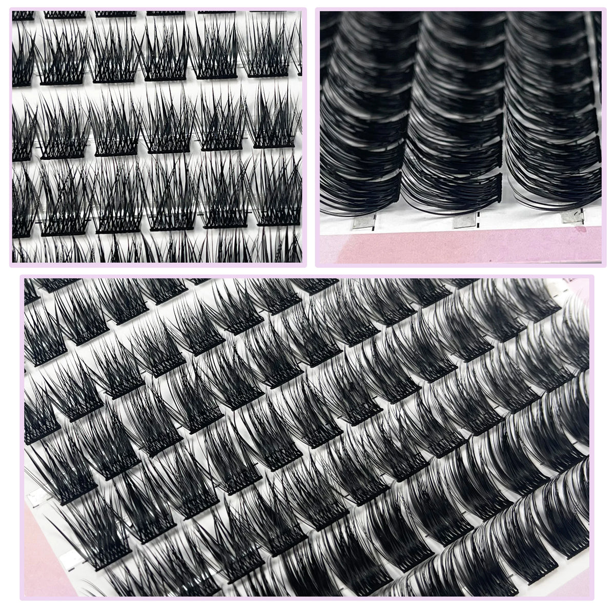 A collection of 120 natural looking false eyelash extensions displayed in various arrangements.