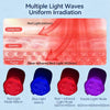 A set of four light therapy caps demonstrating red, blue, and purple light modes for uniform irradiation.