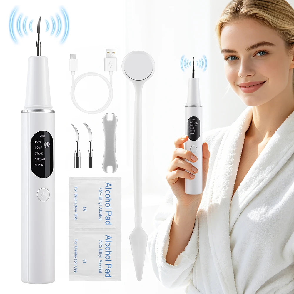 A woman holds a white ultrasonic dental scaler device and alcohol pads for cleaning teeth.