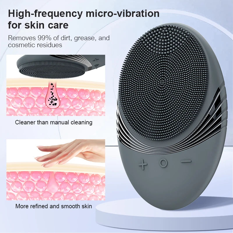A gray silicone facial cleansing brush with a textured head is shown next to diagrams illustrating its cleaning function.