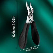 A pair of heavy-duty stainless steel nail clippers with black handles shown against a green background.
