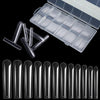 A collection of clear square press-on fake nails displayed alongside an open storage case.