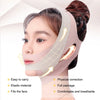 A woman is wearing a beige V-Line face sculpting and slimming strap designed to provide physical correction and comfort.