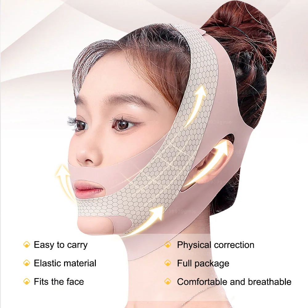 A woman is wearing a beige V-Line face sculpting and slimming strap designed to provide physical correction and comfort.
