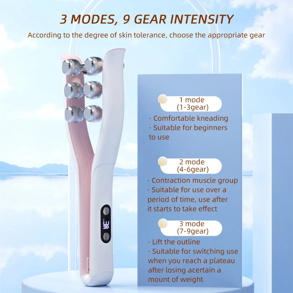 A white EMS face and body slimming roller massager is shown next to a diagram illustrating three modes of gear intensity.