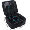 Black portable makeup organizer bag with adjustable dividers shown open and closed.