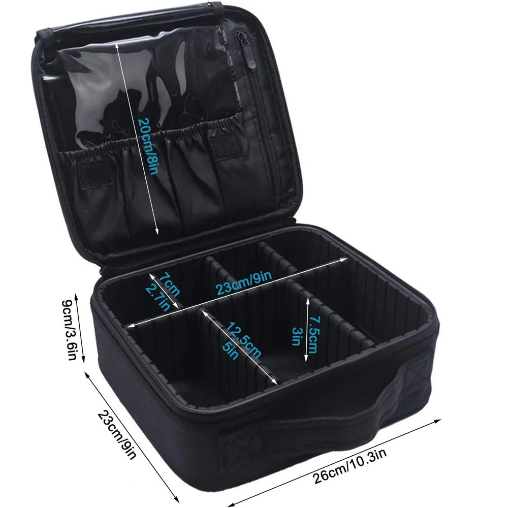 Black portable makeup organizer bag with adjustable dividers shown open and closed.