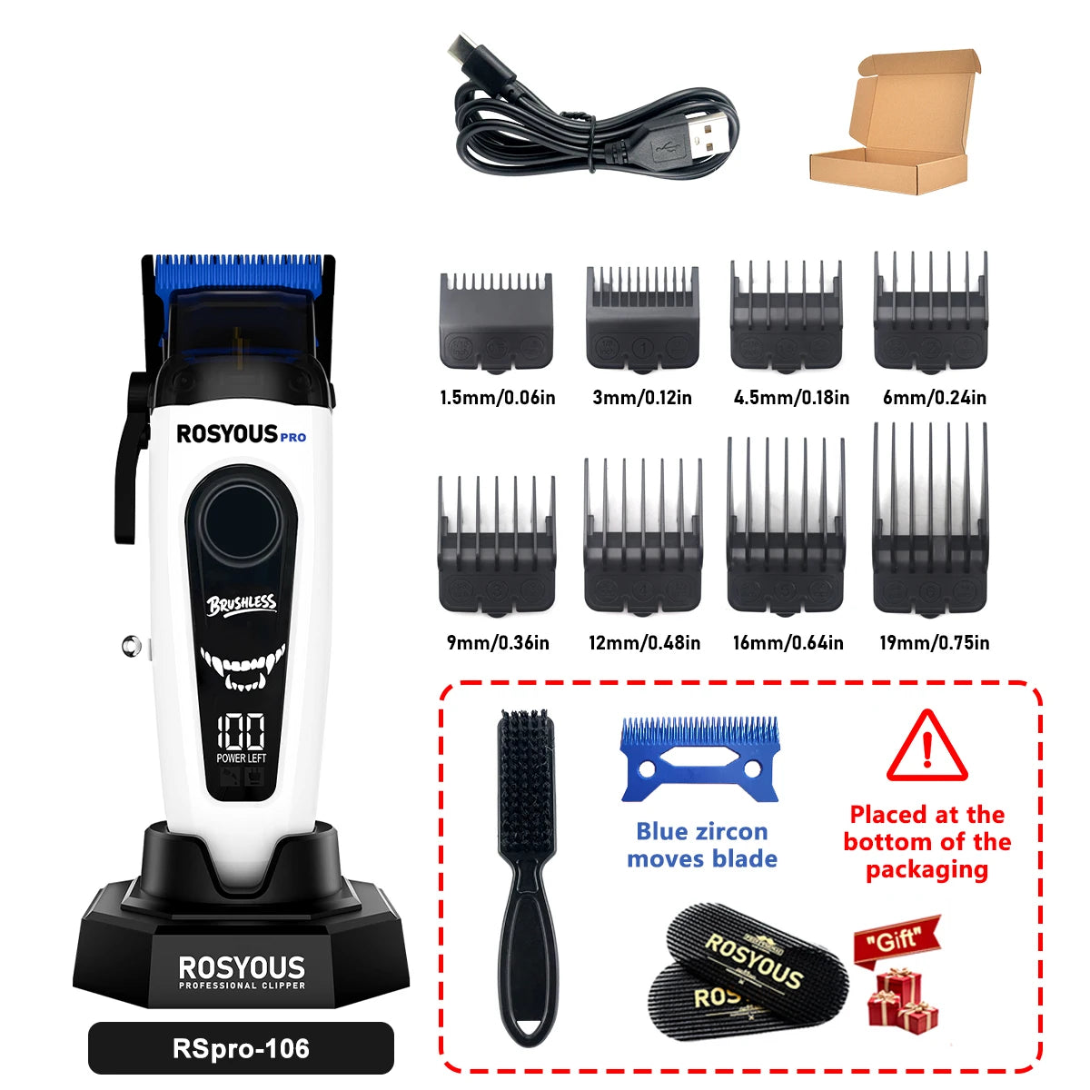 A white Rosyous Pro electric hair clipper with various interchangeable blades and accessories shown on a black base.