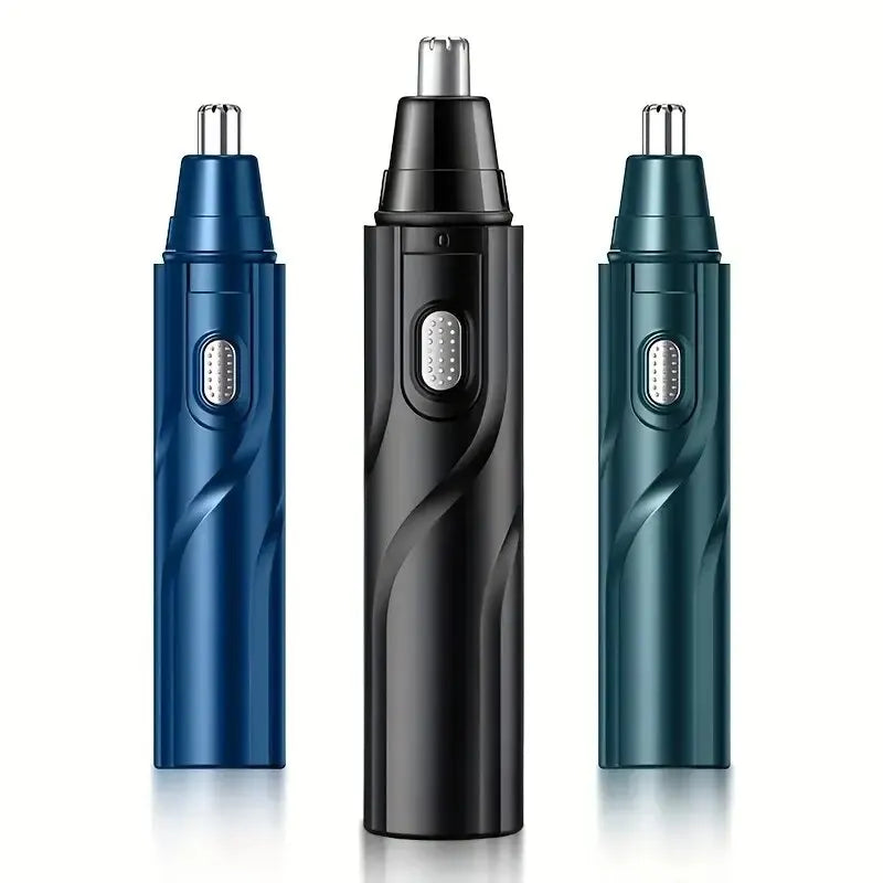 Three electric nose hair trimmers in blue, black, and teal finishes shown vertically.