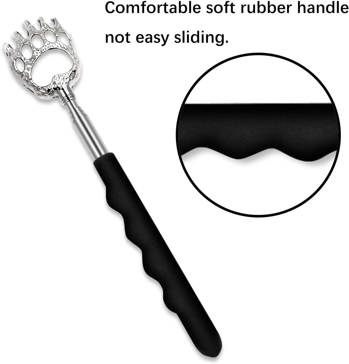 Silver extendable bear claw back scratcher and massager with a black rubber handle.