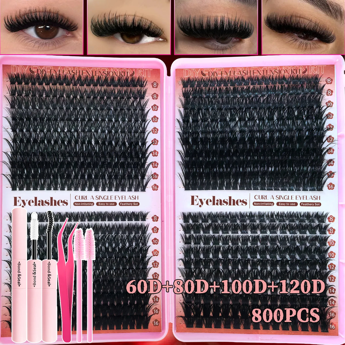 صندوق طقم رموش صناعية DIY يحتوي على أطوال وكثافات مختلفة من الرموش السوداء.