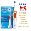 An Oral-B Vitality electric toothbrush in orange and white is shown next to its charger and accessories.