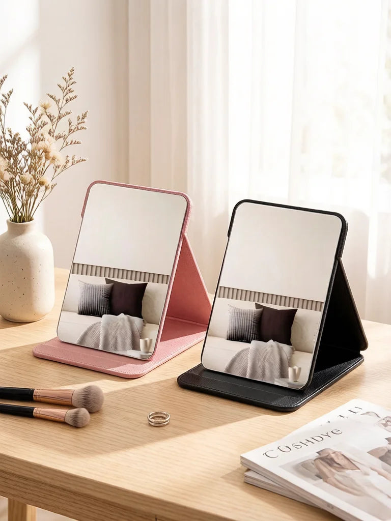 A foldable portable makeup mirror in black and pink rests on a wooden table next to dried flowers.