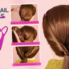 Un ensemble d'outils pour cheveux violets et de élastiques montrés en étapes pour créer différentes coiffures.