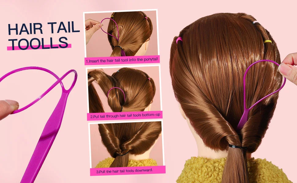 Un ensemble d'outils pour cheveux violets et de élastiques montrés en étapes pour créer différentes coiffures.