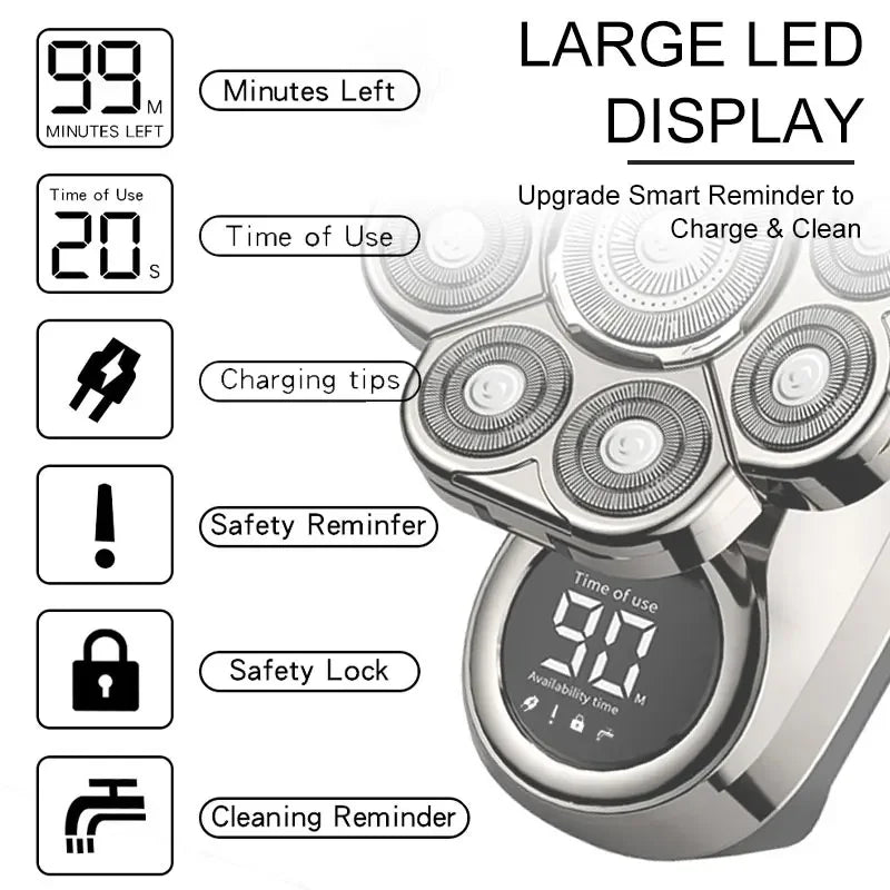 A close-up view of a silver electric grooming kit with various reminder functions displayed on the device.