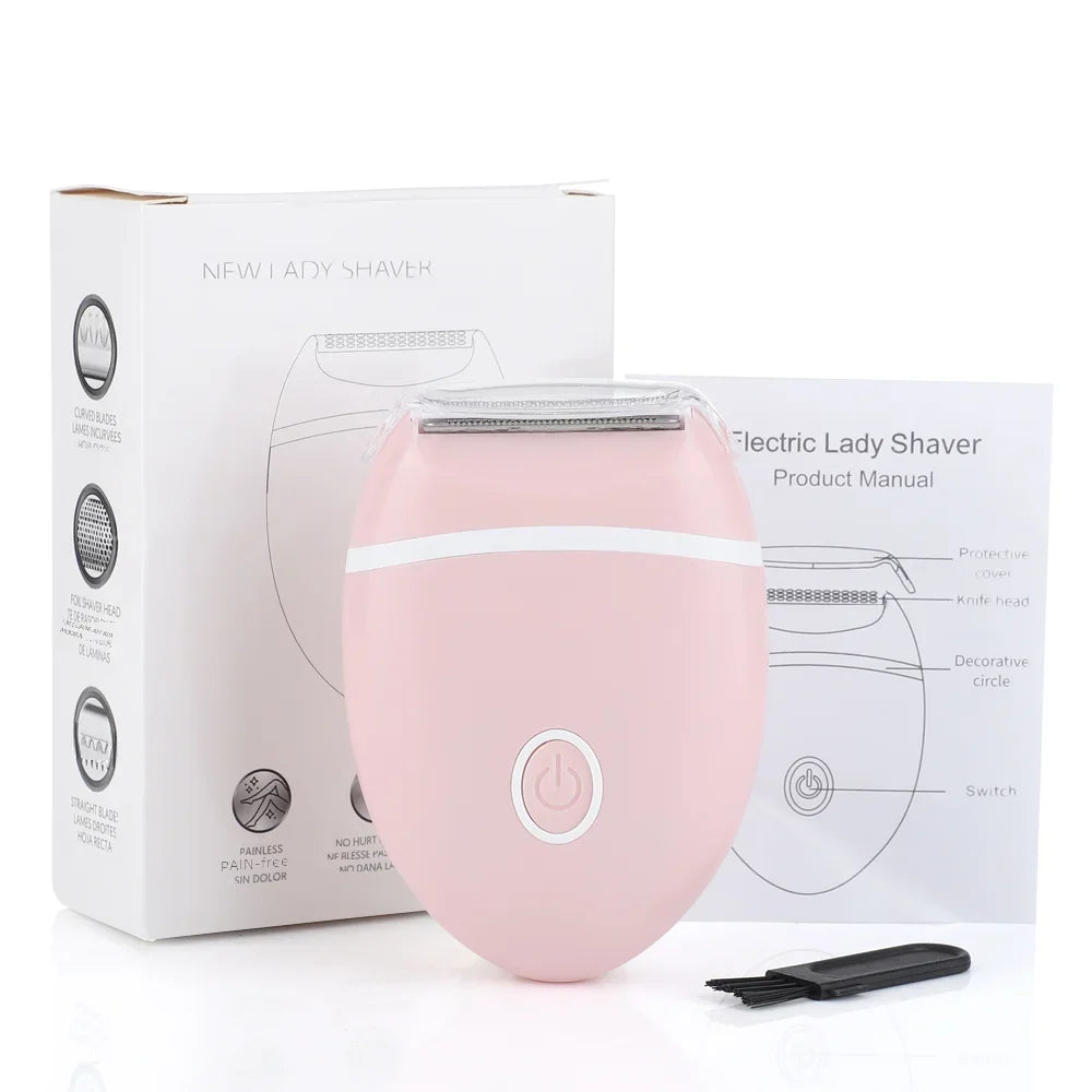 Pink electric lady shaver and its product manual box displayed on a white background.