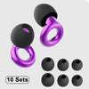 A set of ten reusable ear plugs in black and purple, shown as individual components.