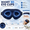 Copas oculares 3D azules con suavidad y correa ajustable, mostradas en un soporte transparente.
