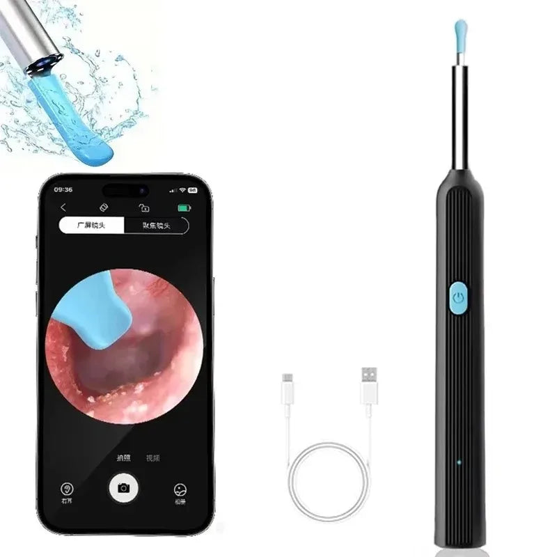 An HD ear wax removal kit featuring a suction tool, camera, and cleaning device.