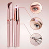 A pink automatic electric eyebrow trimmer shown with close-ups of its usage and design.