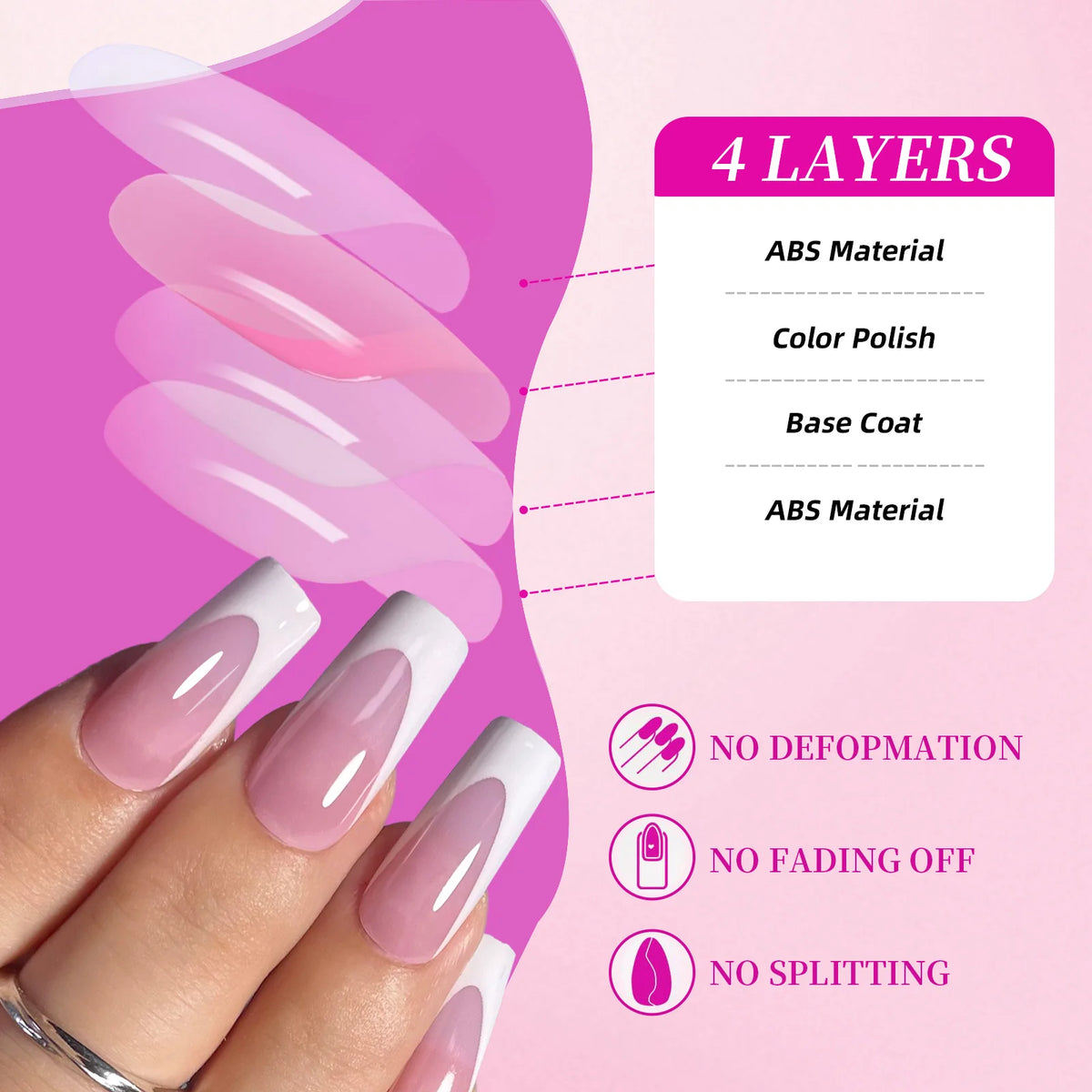 A hand displays a set of glossy pink press-on nails with four layers of ABS material.