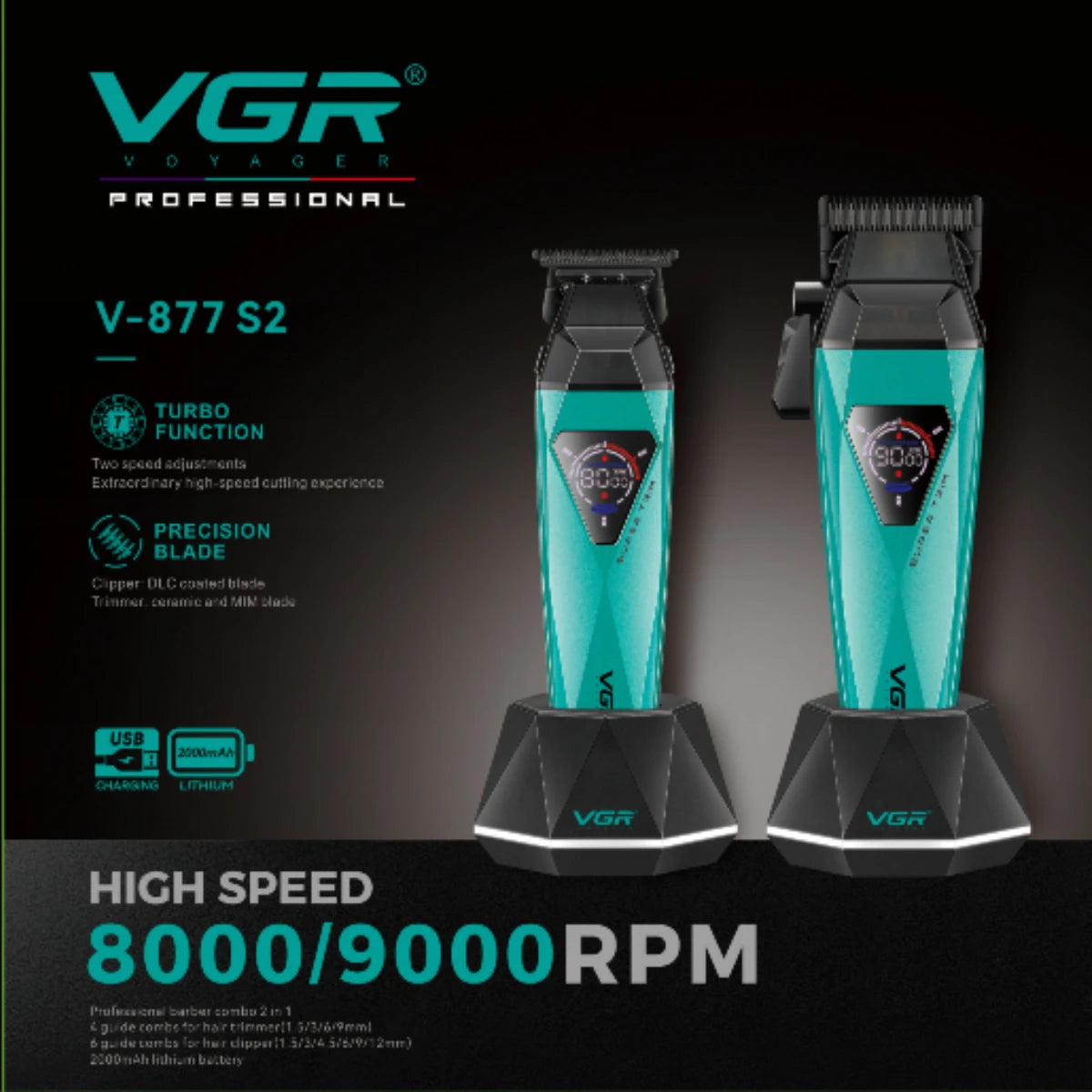 VGR V-877 S2 professional electric hair trimmer shown in teal and black on a dark background.