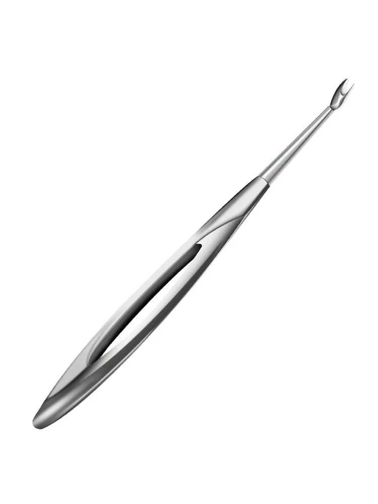 A professional stainless steel cuticle pusher with a pointed tip.