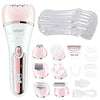 A pink multi-functional electric body and facial epilator with various attachments shown.