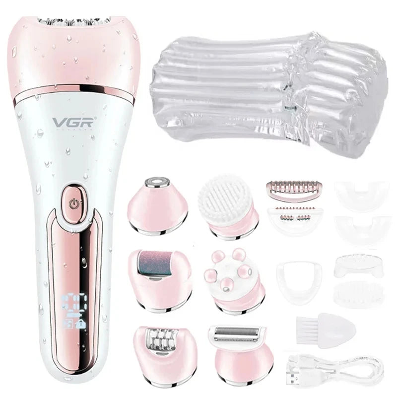 A pink multi-functional electric body and facial epilator with various attachments shown.