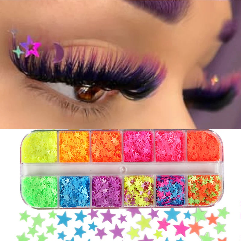 A collection of colorful glitter eyelash clusters in various shades displayed next to a close-up of an eye.