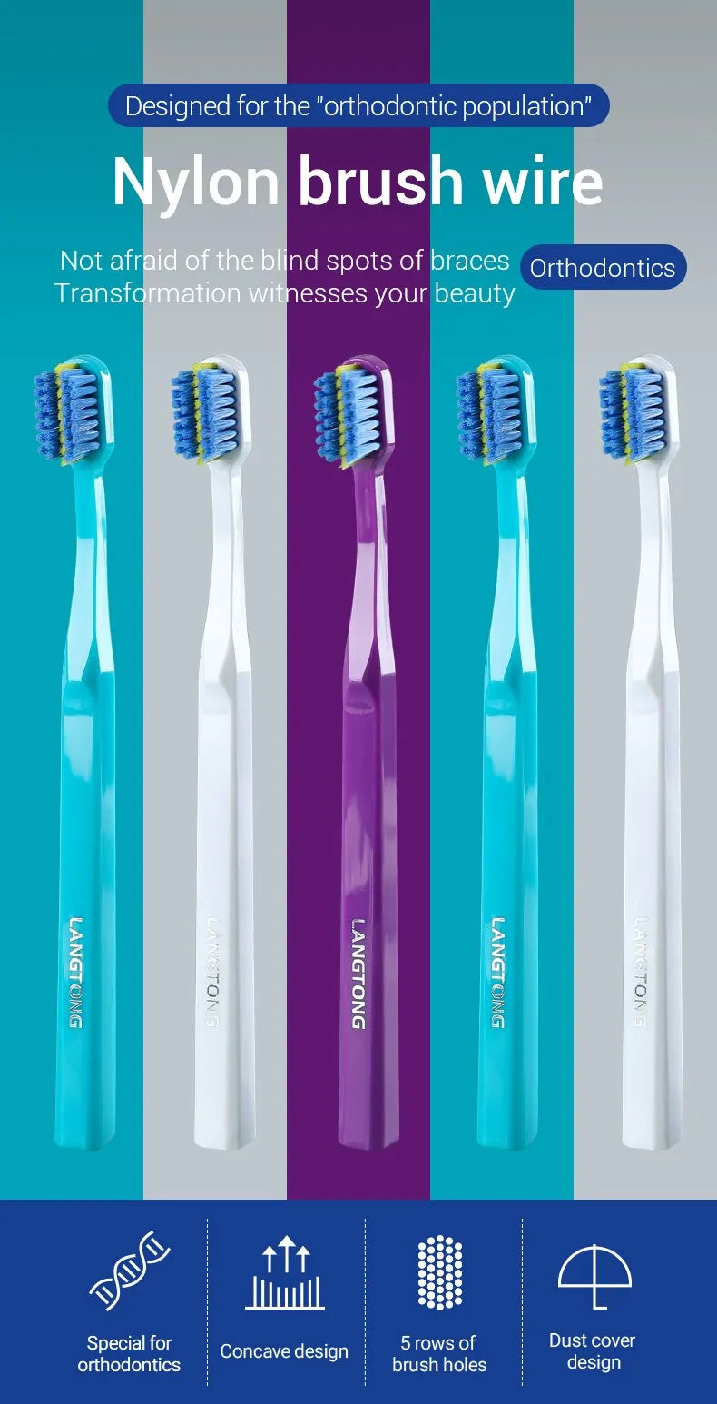 A set of nylon brush wire toothbrushes designed for orthodontic treatment shown in various colors and angles.
