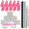 Un juego de clips reutilizables de plástico rosa para remojar uñas y una herramienta de silicona para uñas.
