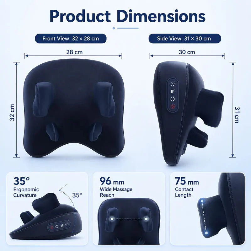 Diagrams showing the dimensions and various views of an electric massage pillow for neck, shoulder, and leg relief.