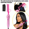 A pink multi-functional hair straightening comb is shown with various styling results on black hair.