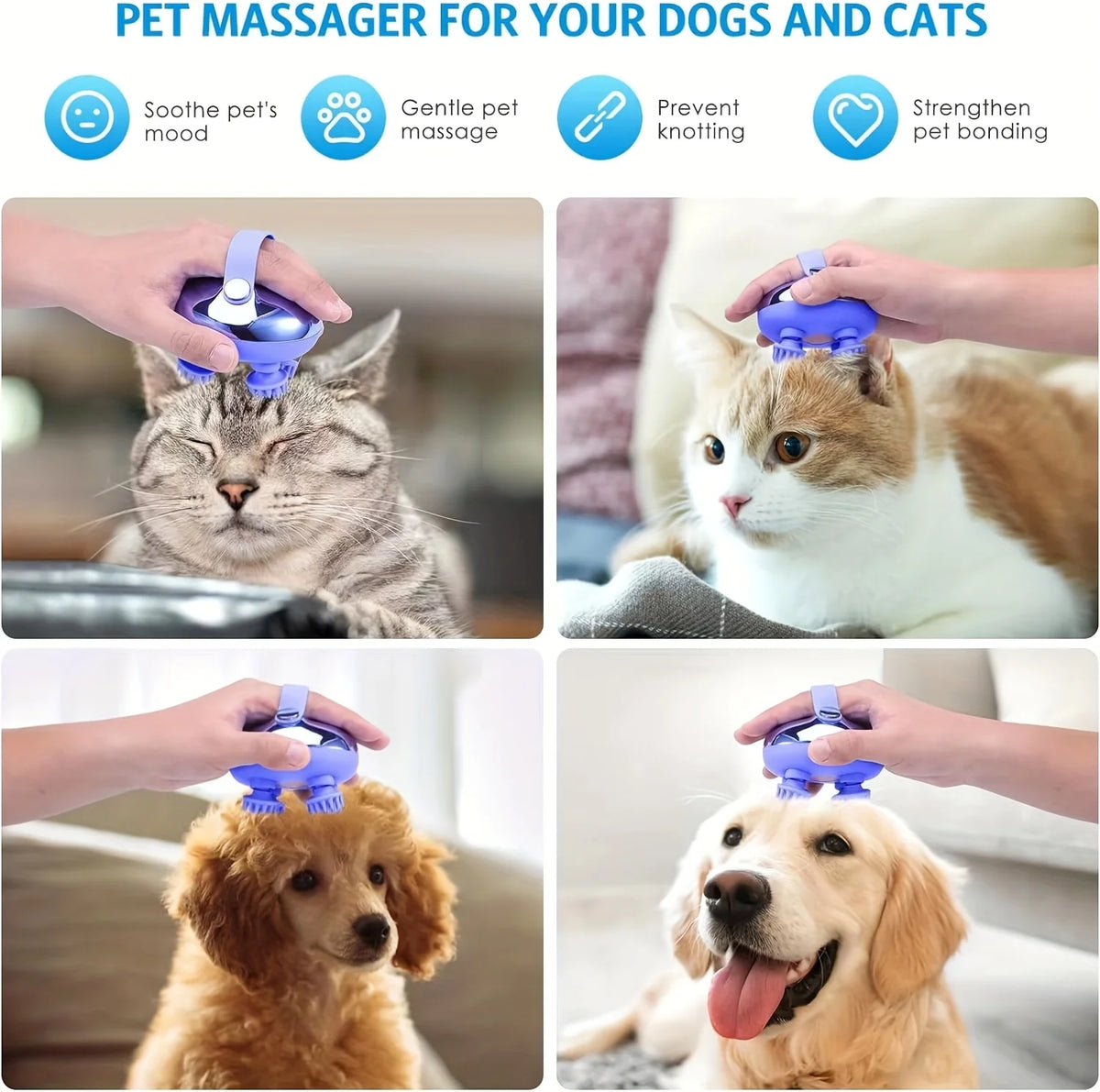A purple electric scalp massager is being used to provide a gentle pet massage to a cat and a dog.