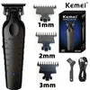 A set of Kemei professional hair clippers and combs in black, showing various sizes including 1mm, 2mm, and 3mm.