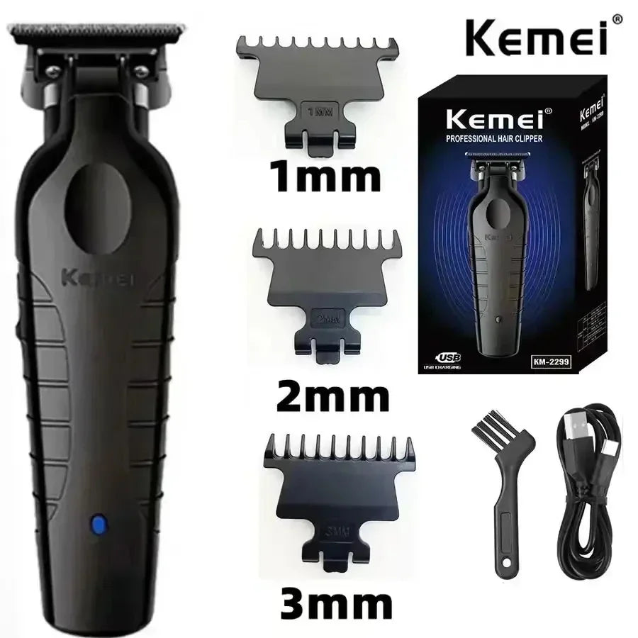 A set of Kemei professional hair clippers and combs in black, showing various sizes including 1mm, 2mm, and 3mm.