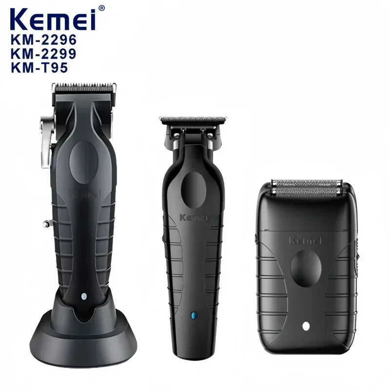 A black professional electric hair clipper grooming kit with various attachments shown in a studio setting.