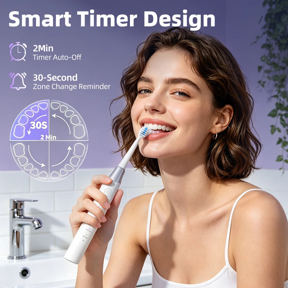 A woman is using a white electric toothbrush while standing at a sink, with timer features displayed on the screen.