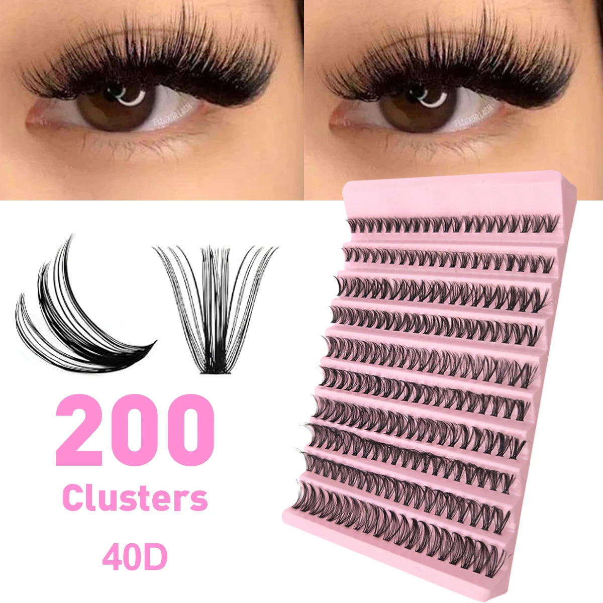 Un ensemble de cils en plastique roses avec 200 clusters et des cils 40D montrés avec des gros plans de pose.