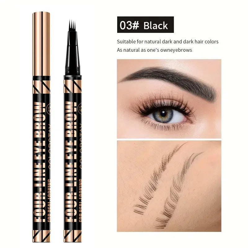 Black liquid eyebrow pencil shown with a full product and close-up application on an eye.