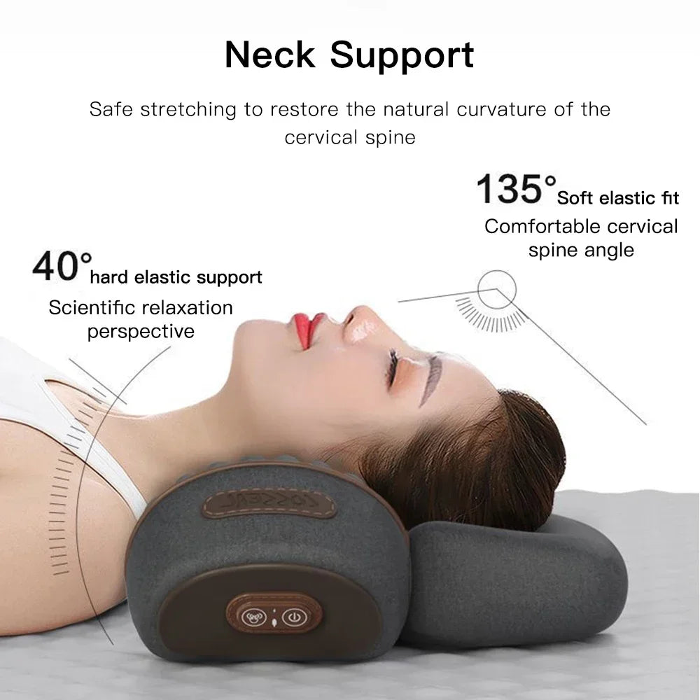 A person is using an electric cervical neck massager for safe stretching and muscle relief.