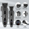 A black electric hair clipper kit with a digital display and various attachments shown on a white surface.