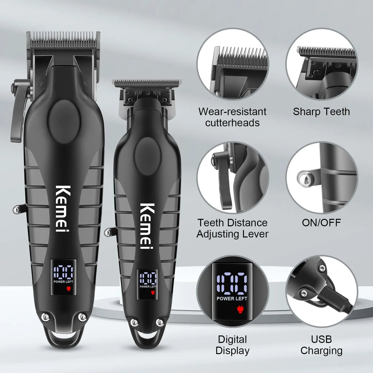 A black electric hair clipper kit with a digital display and various attachments shown on a white surface.