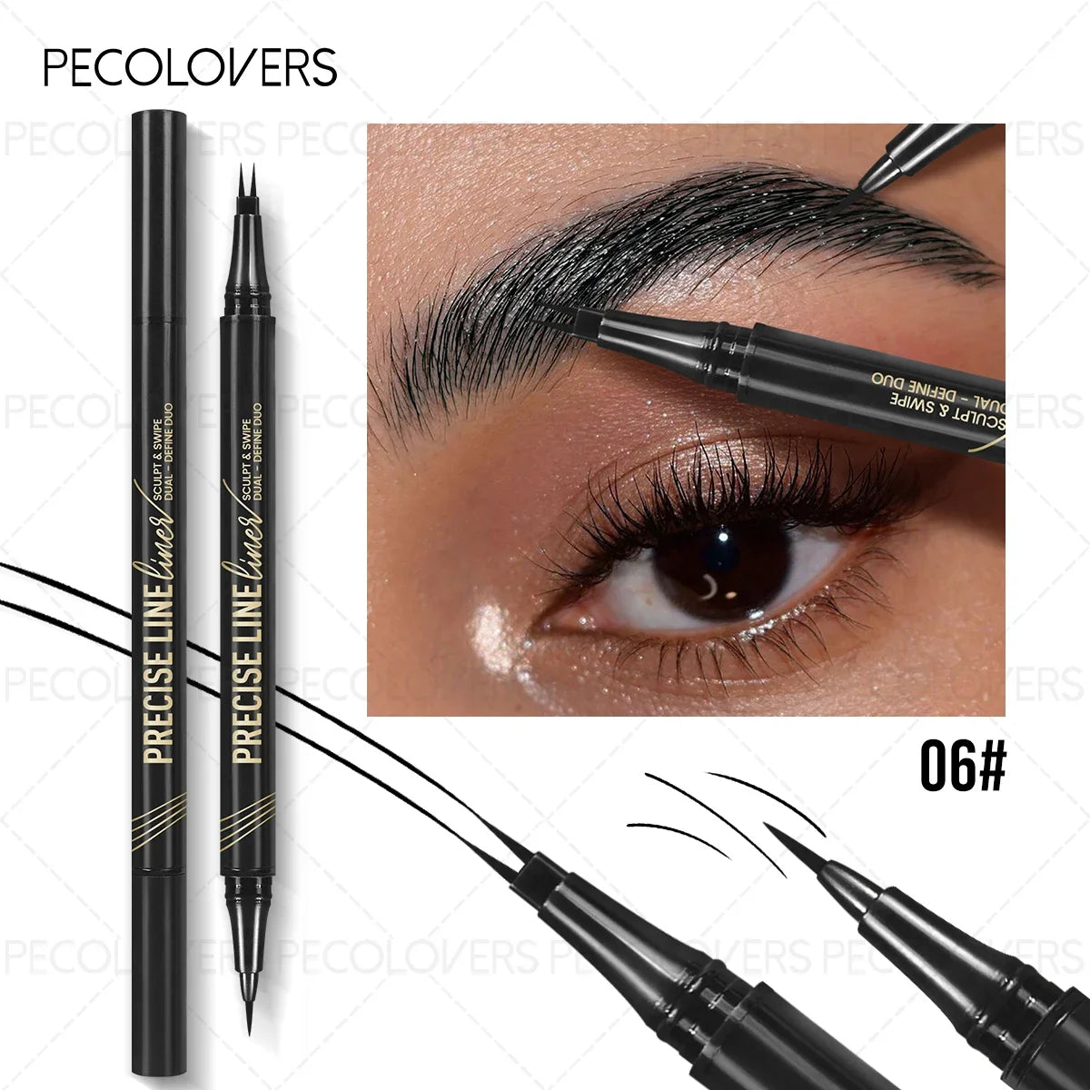 Close-up of a black eyebrow pencil demonstrating precise line work on an eye.