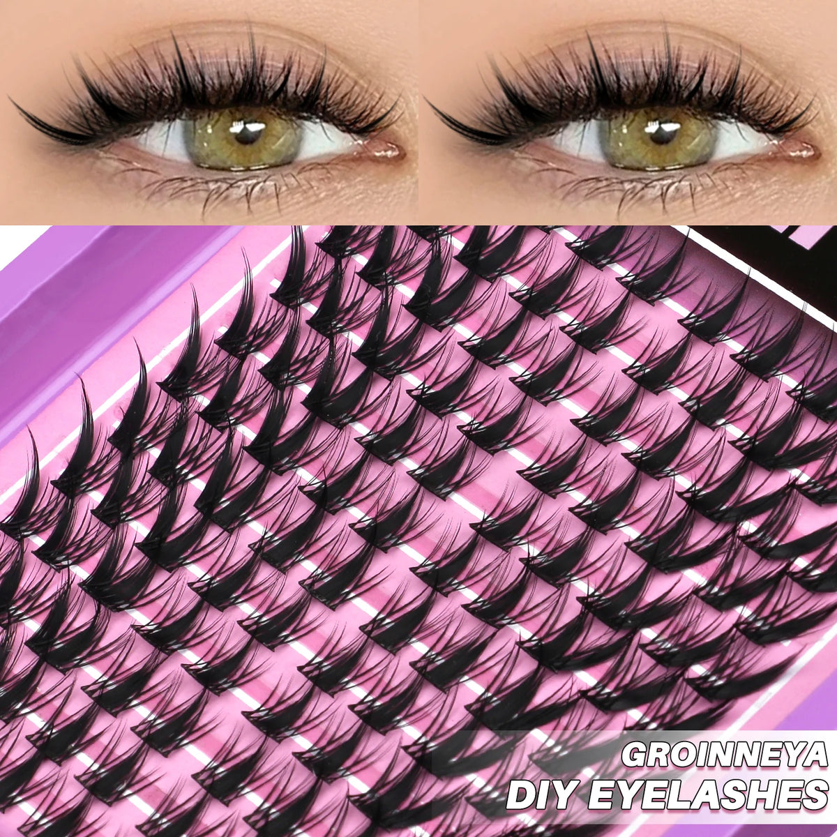 Gros plan de faux et vraies cils, avec une grille d'extensions de cils mixtes DIY.