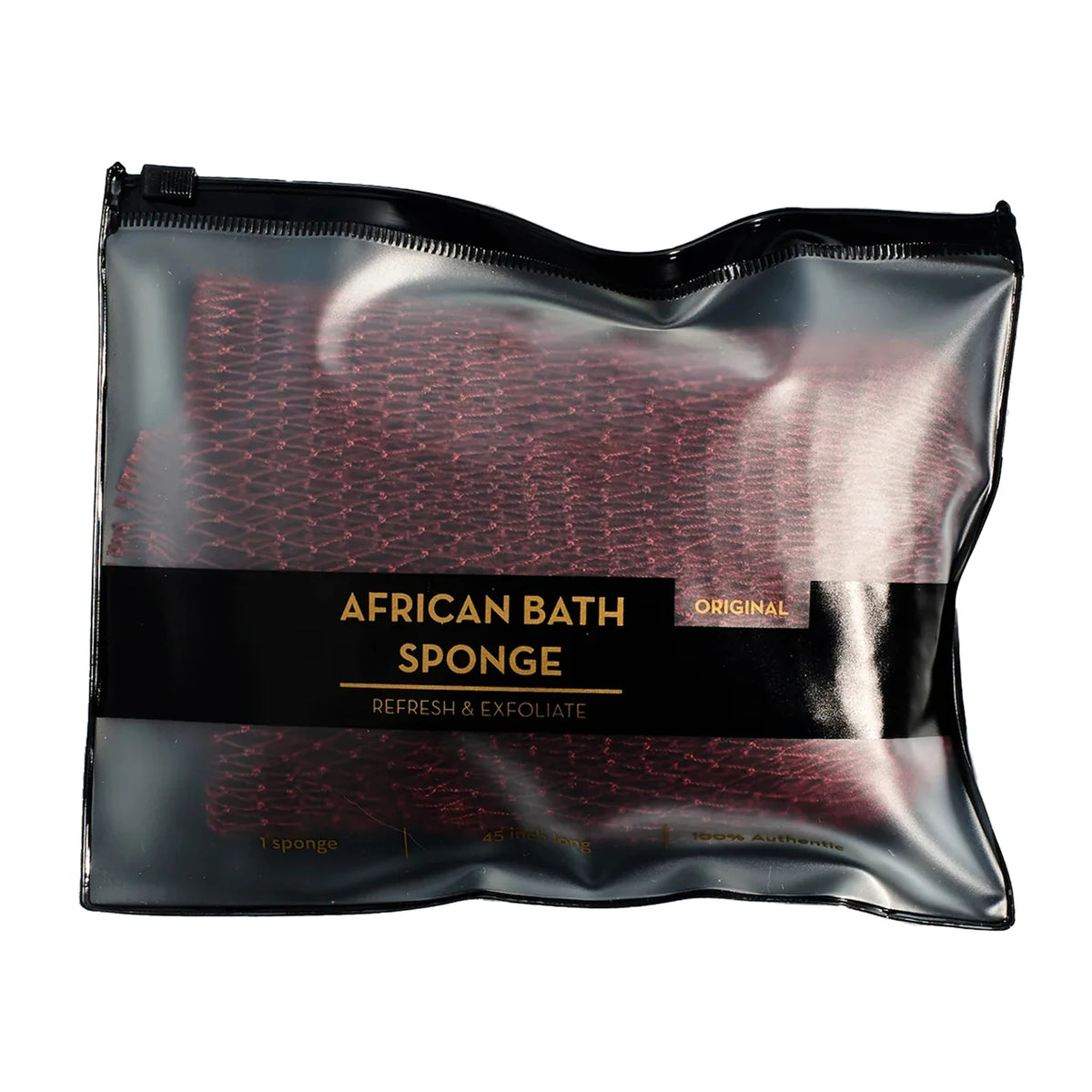 A black sealed pouch containing an African bath sponge for refresh and exfoliate.