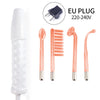 A white facial beauty tool set including a main device and four interchangeable silicone facial tools for beauty treatments.